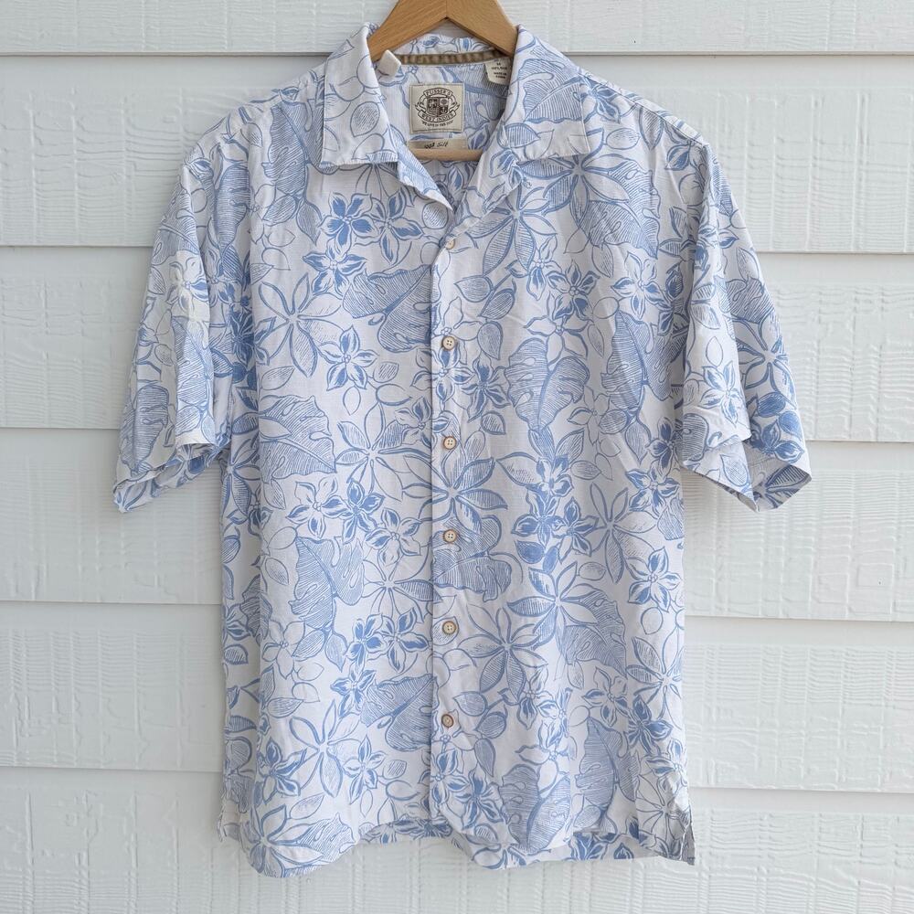 Pusser's West Indies 100% Silk Hawaiian Camp Shirt Mens Med Blue Floral Resort